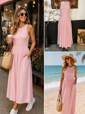 NWT Universal Thread Pink Smocked Knit Maxi Dress Sleeveless A-Line Pockets💛🎀
